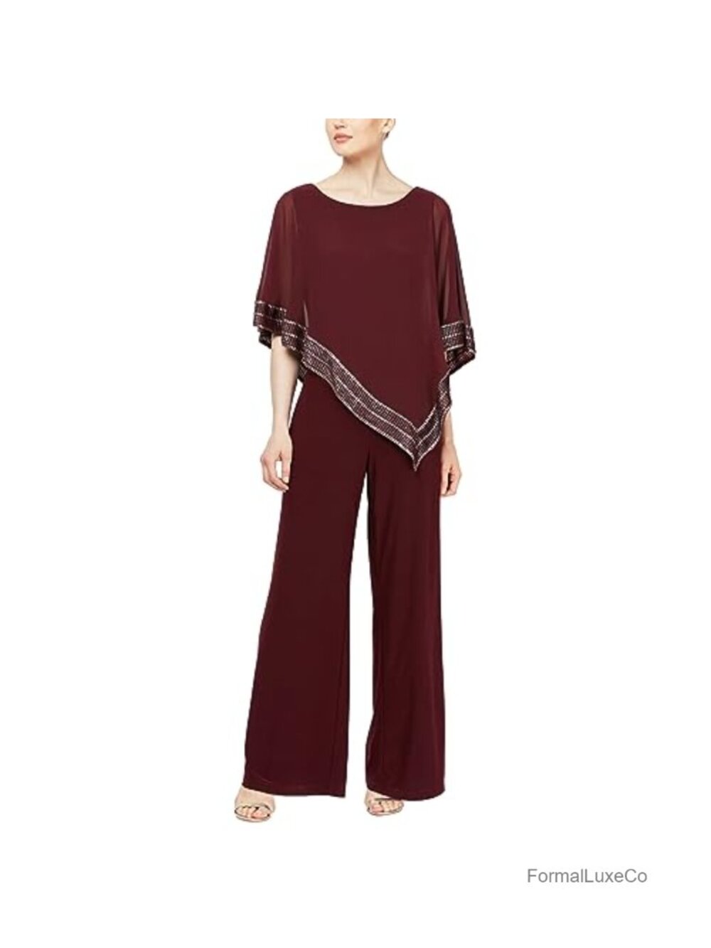 Asymmetrical Foil Trim Cape Overlay Jumpsuit | Formal Wedding Guest